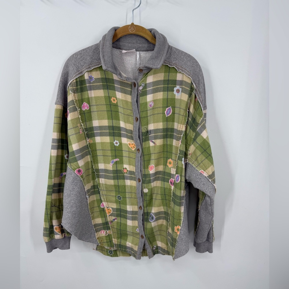 Urban Outfitters Out From Under green patchwork button-up shirt shacket jacket S - Picture 1 of 16